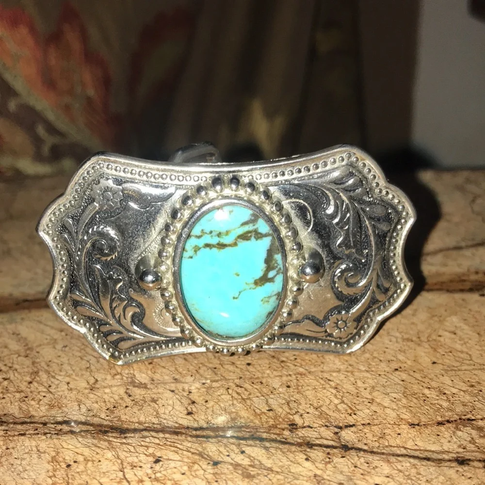Turquoise Stone Western Silver-Tone Hair Barrette - Unbranded